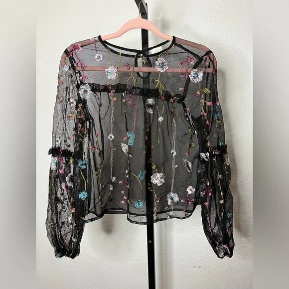 A New Day Floral Embroidered See-Though Long Sleeve Top Size Small - Picture 1 of 4